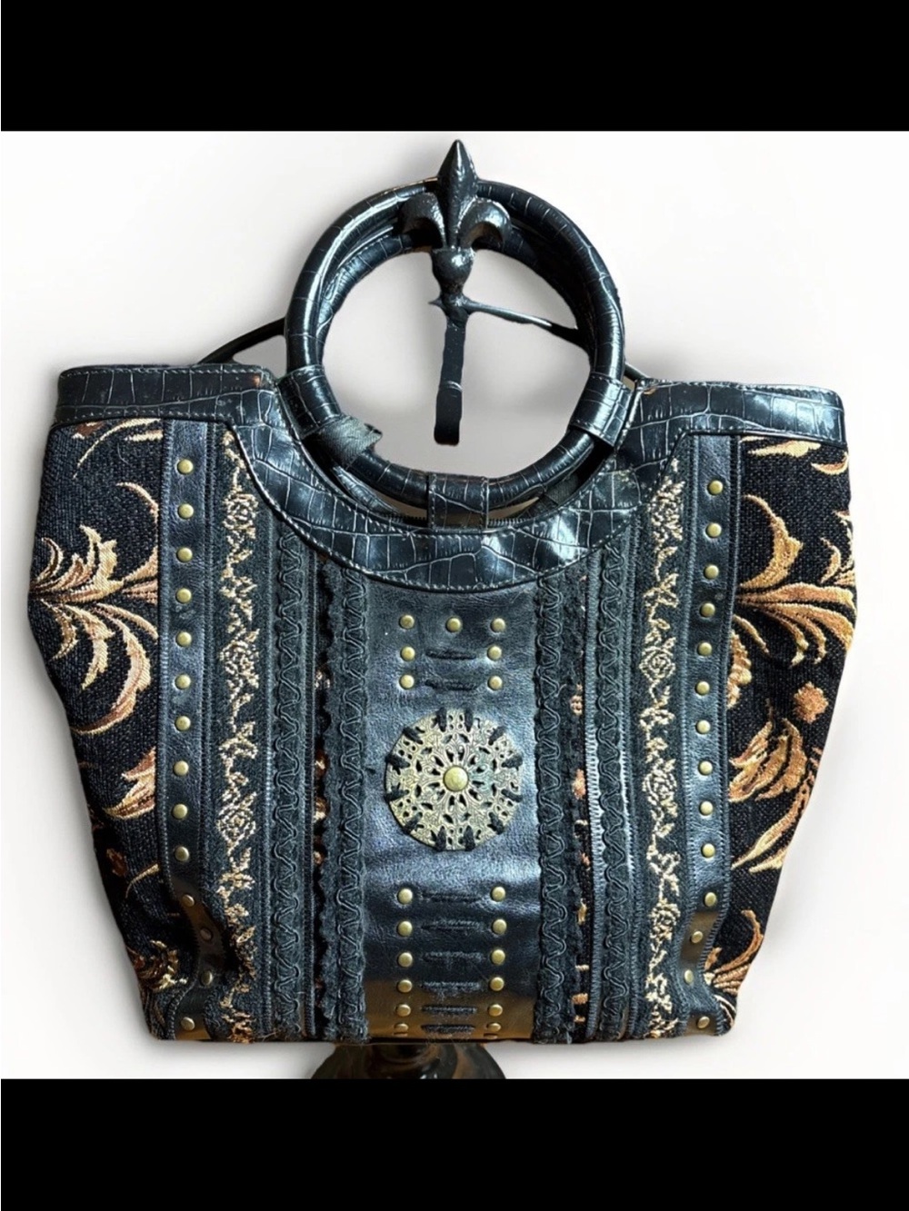 Vintage tapestry hobo top handle bag with strap, gold, and black
